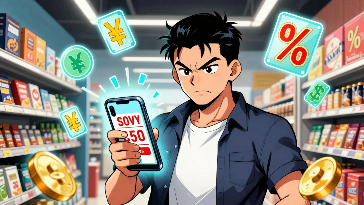 Confident manga character using a smartphone coupon to save money.