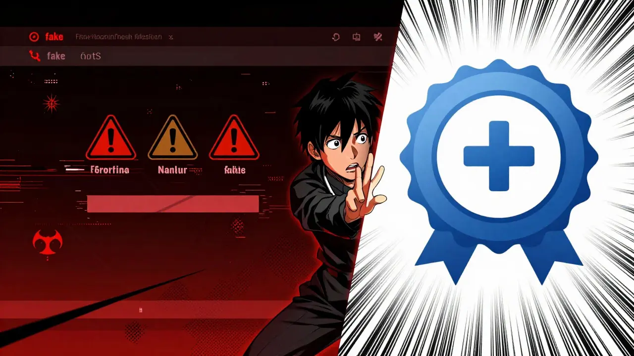 Manga art contrasting a dangerous fake pharmacy website with a safe, verified medical source.