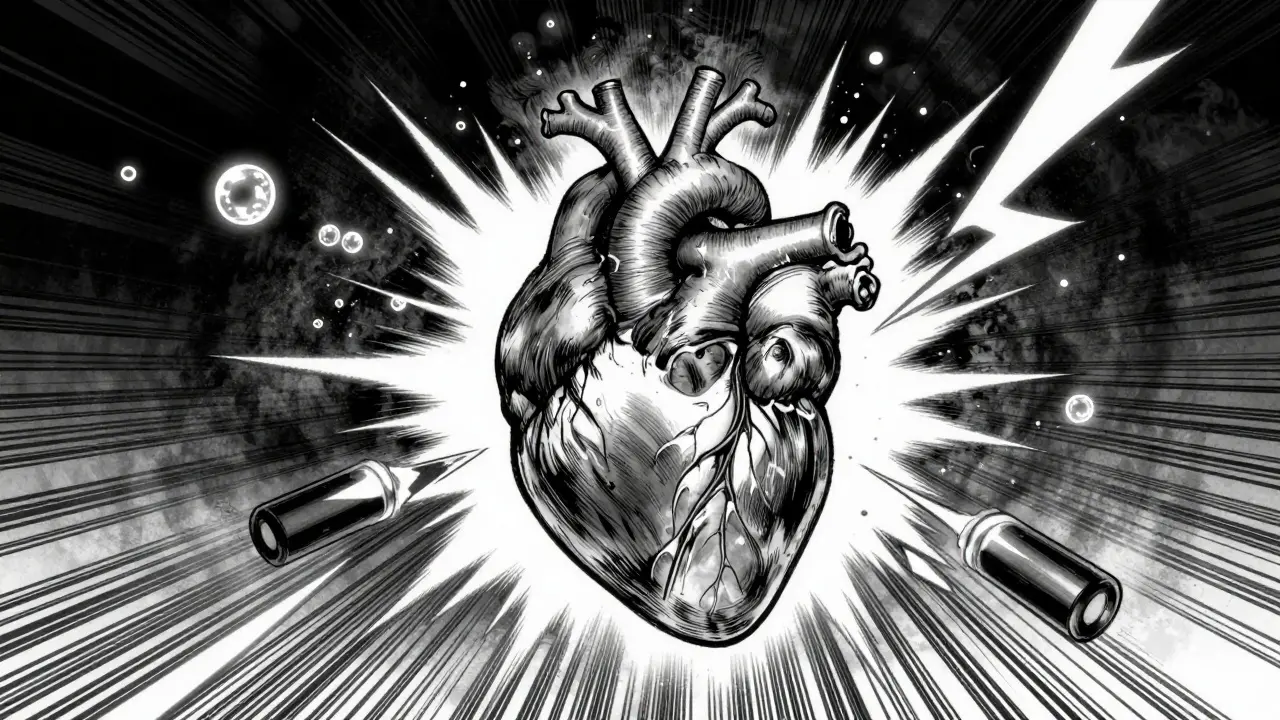 Manga art depicting a strained heart surrounded by adrenaline sparks and oxygen loss.