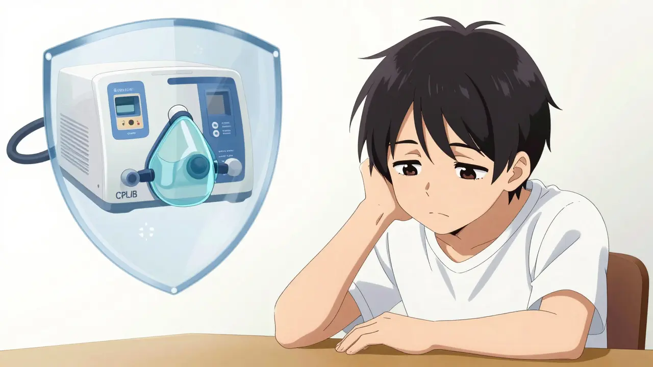 Manga drawing of a tired young adult with a translucent CPAP machine in the background.