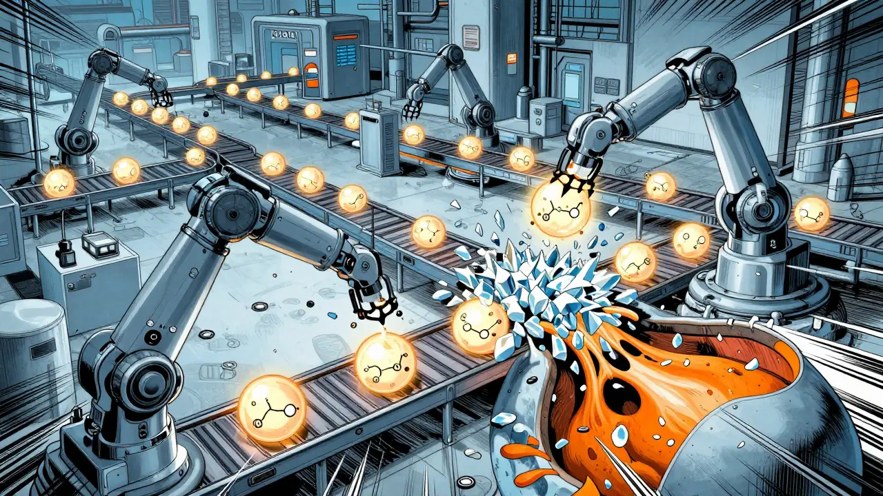 Manga illustration of a futuristic factory producing sharp crystals to represent uric acid buildup.