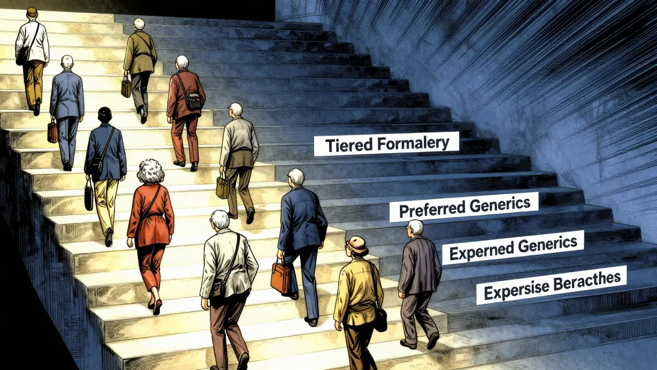 Manga illustration of people on five tiered stairs representing different prescription drug cost levels.
