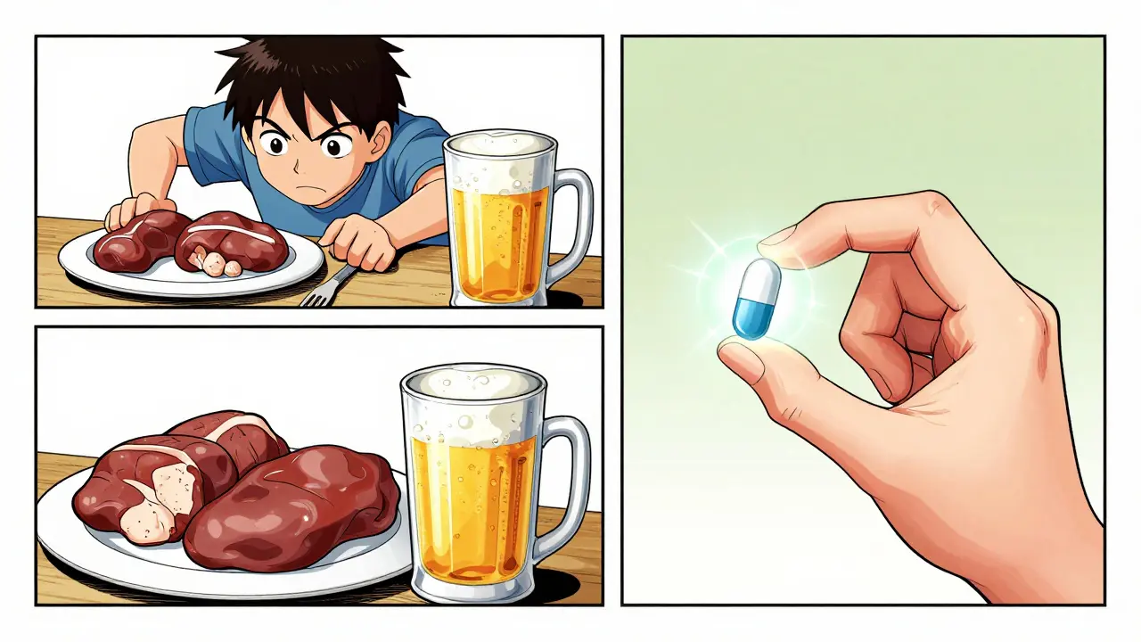 Manga panels showing a person avoiding high-purine foods and taking medication for gout management.