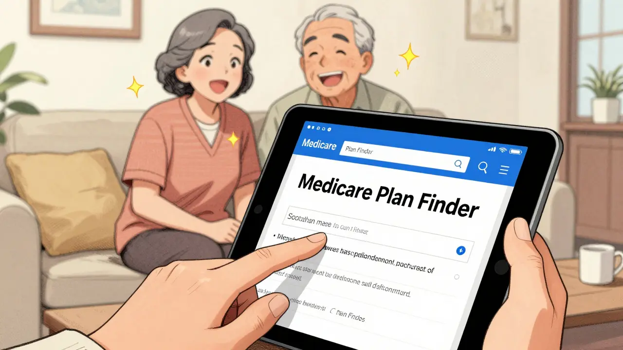 Manga scene of a couple using a digital tool to find cheaper Medicare prescription plans.