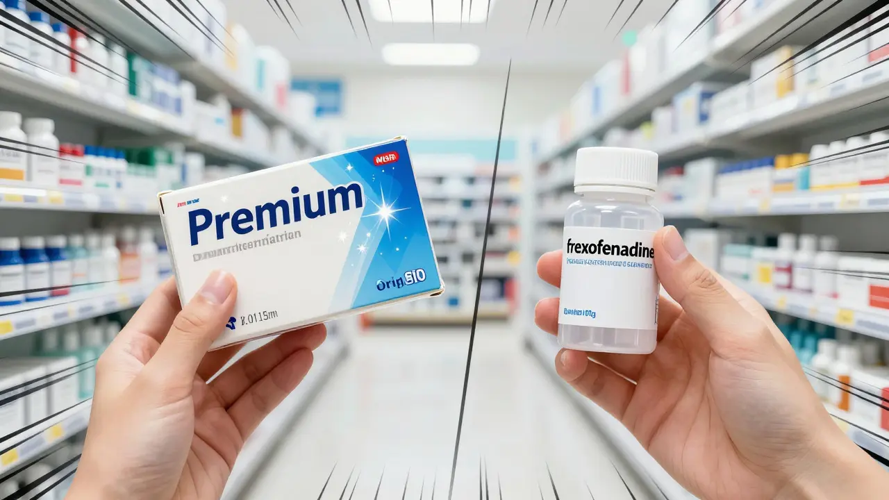 Manga style comparison between a brand-name medicine and a generic version.