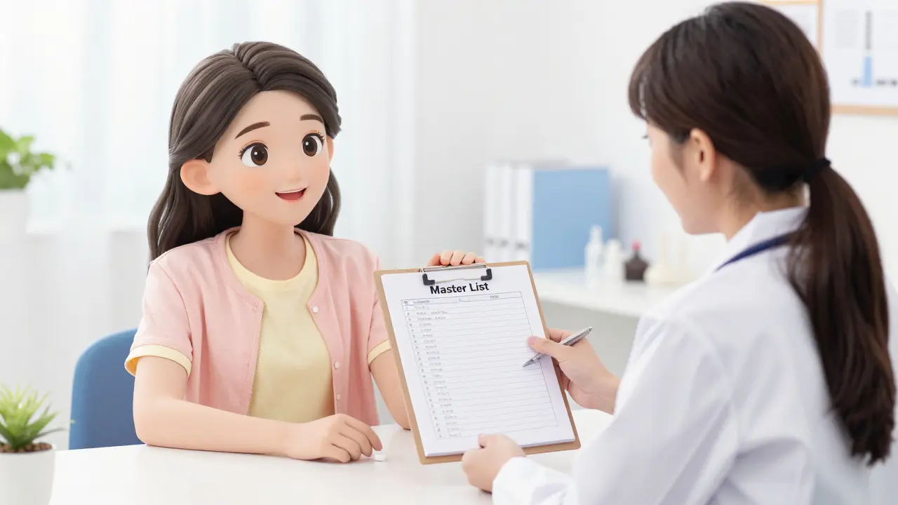 Manga style depiction of a patient sharing a medication list with their doctor in a clinic.